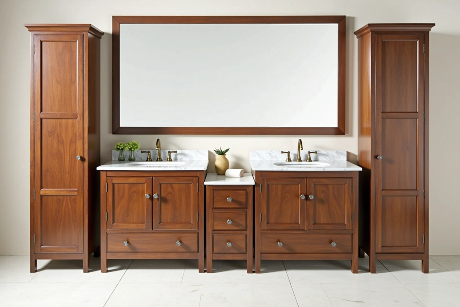 Walnut double vanity with marble tops, brass faucets, a center drawer tower and tall linen cabinets at each side.