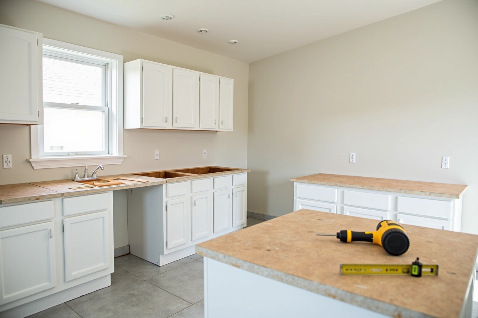 New-build kitchen with white raised-panel cabinets set on bare subtops, a drill and tape measure on the island.