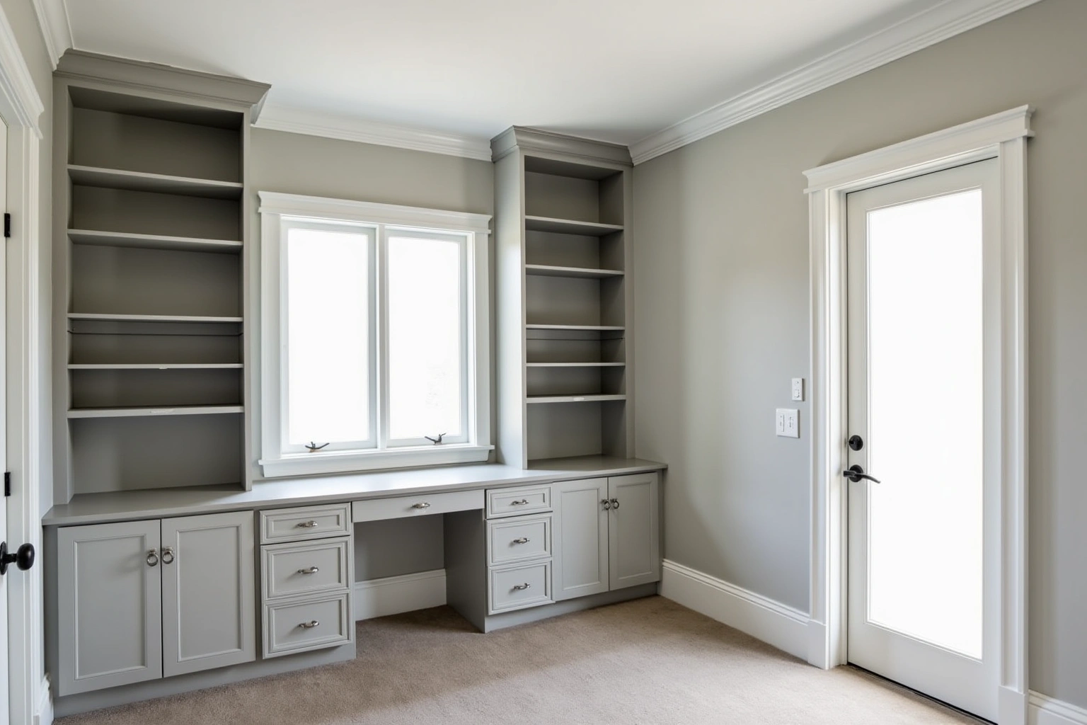 Home office with gray painted built-in shelves and cabinets either side of a window, a built-in desk between.