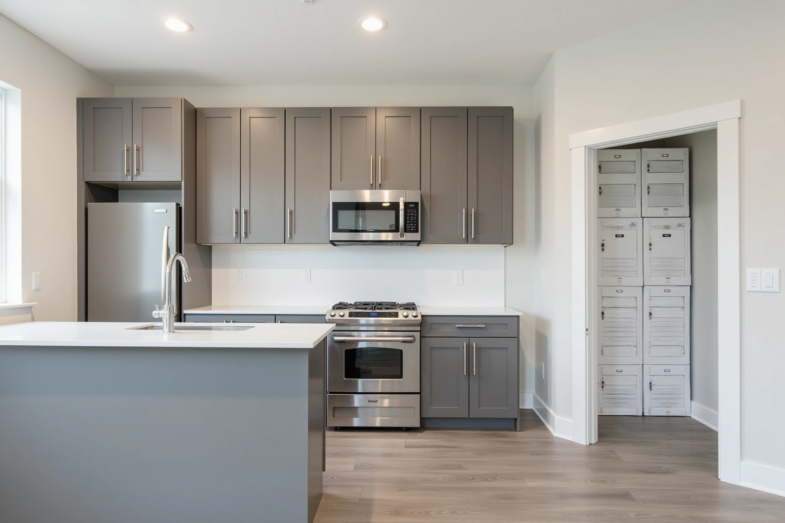 Apartment kitchen with gray shaker cabinets, white quartz counters and stainless appliances, wrapped cabinet boxes stacked beyond the doorway.