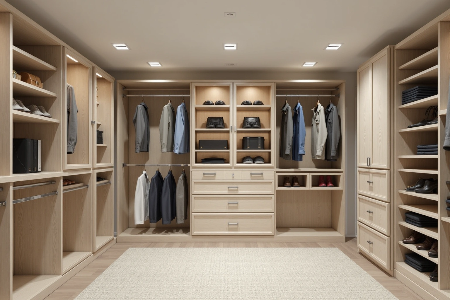 Walk-in closet in light oak veneer with hanging sections, a central drawer bank, shoe shelves and lit display cubbies.