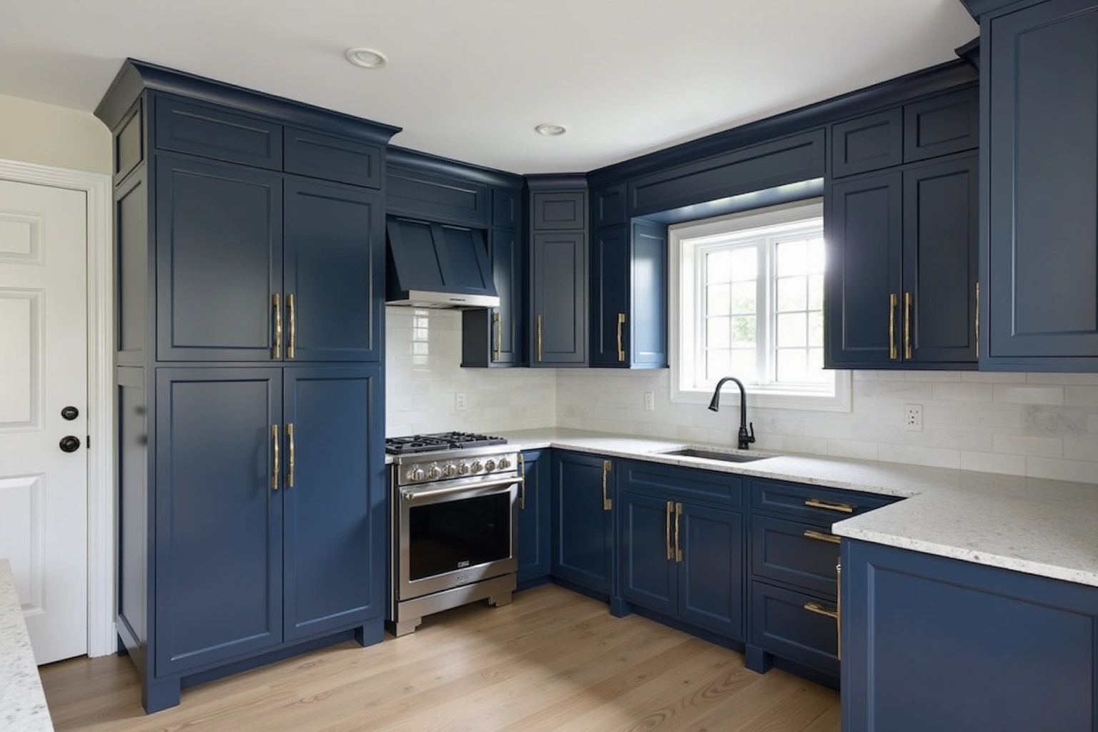 Floor-to-ceiling navy painted cabinets with brass pulls, a matching hood cabinet over a stainless range and light quartz counters.