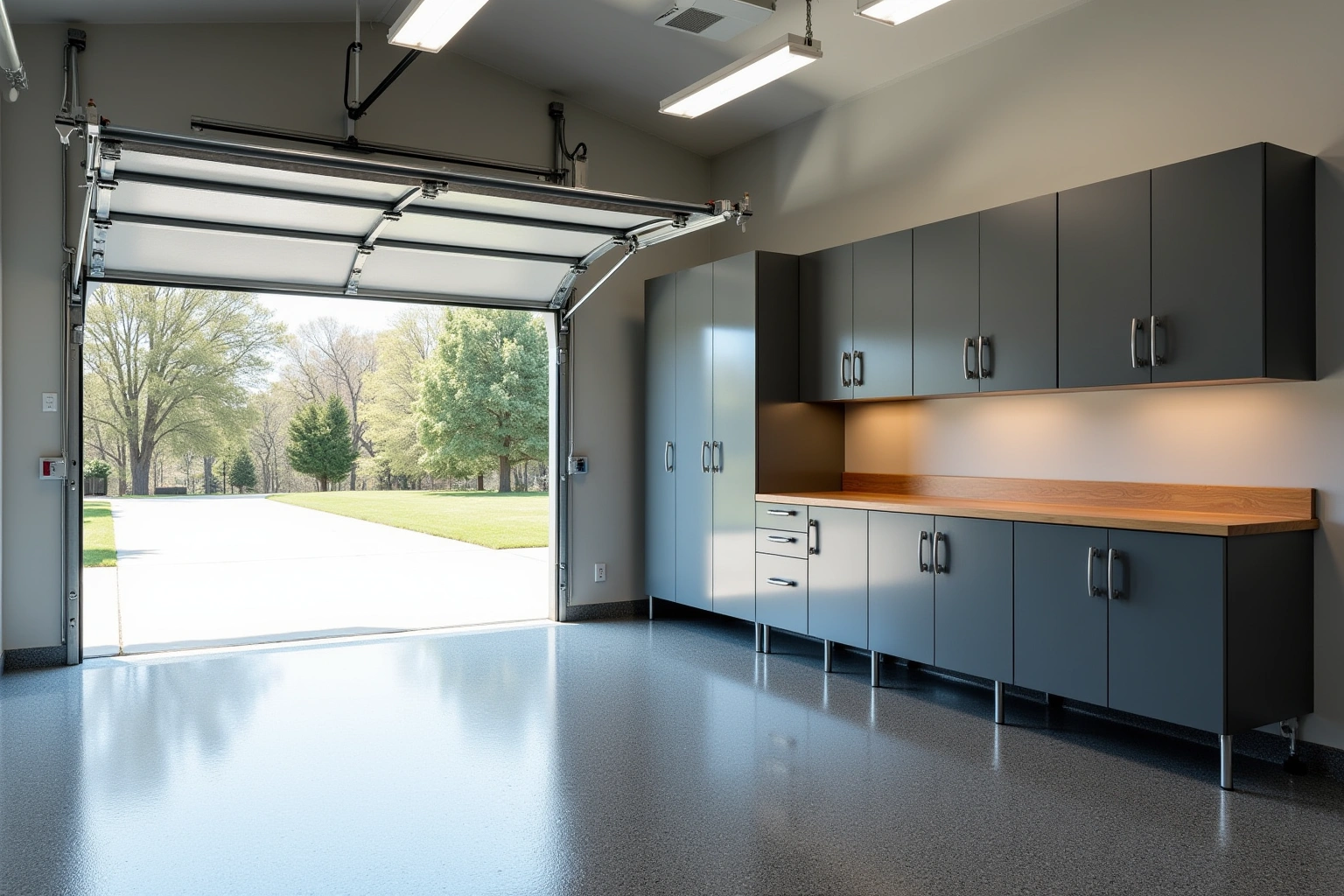 Garage wall of gray steel cabinets on legs with a wood workbench top, speckled epoxy floor and the door open.