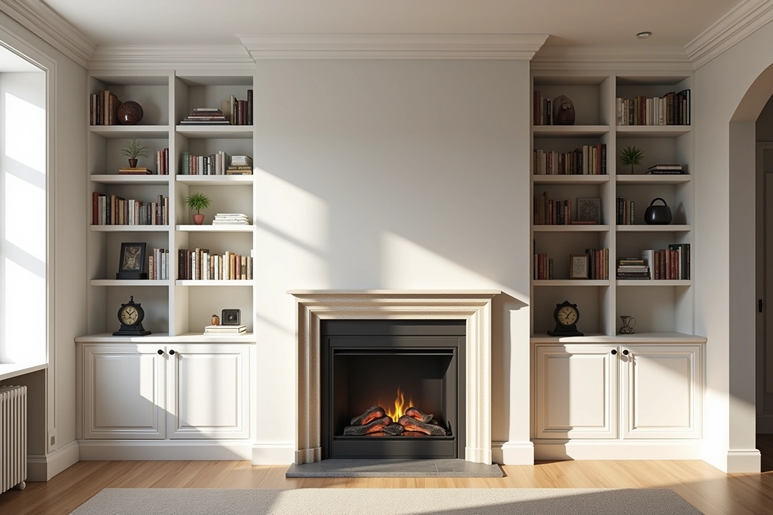 Warm white built-in bookcases with cabinet bases flanking a stone fireplace, shelves holding books and a clock.