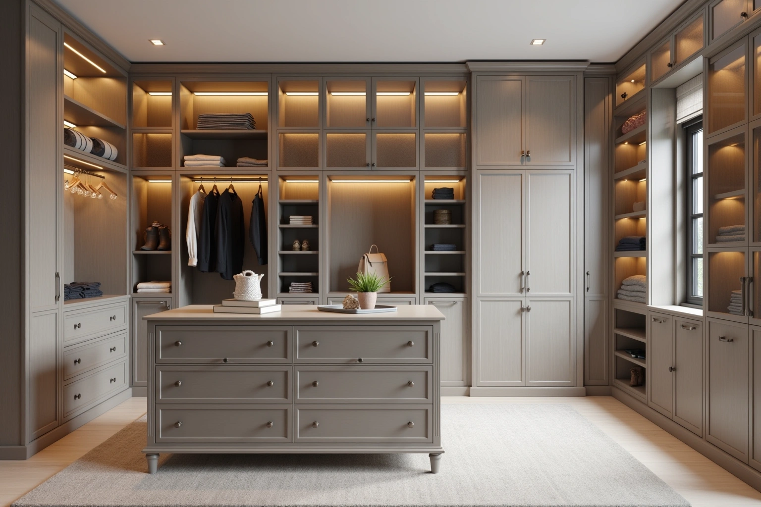 Walk-in closet with floor-to-ceiling gray taupe cabinetry, lit shelves, glass upper doors and a central drawer island.