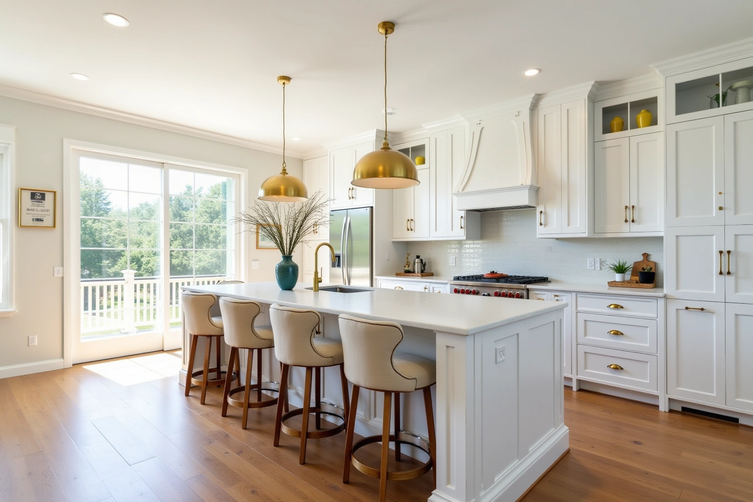 White shaker kitchen with brass pulls, a white island with four cream stools and two brass dome pendants.