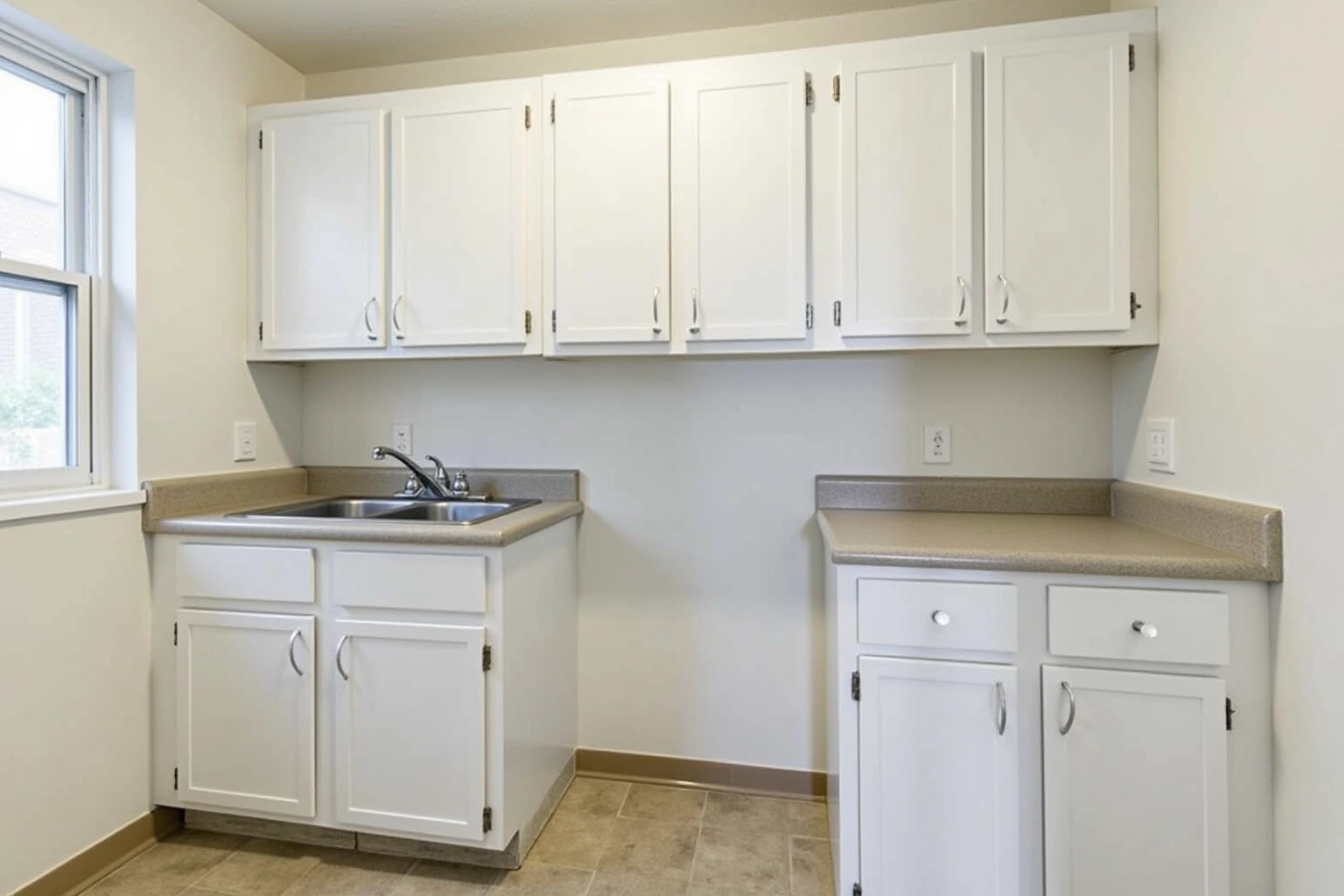 Simple kitchen with white stock cabinets, recessed panel doors, exposed hinges, a speckled laminate counter and a double sink.