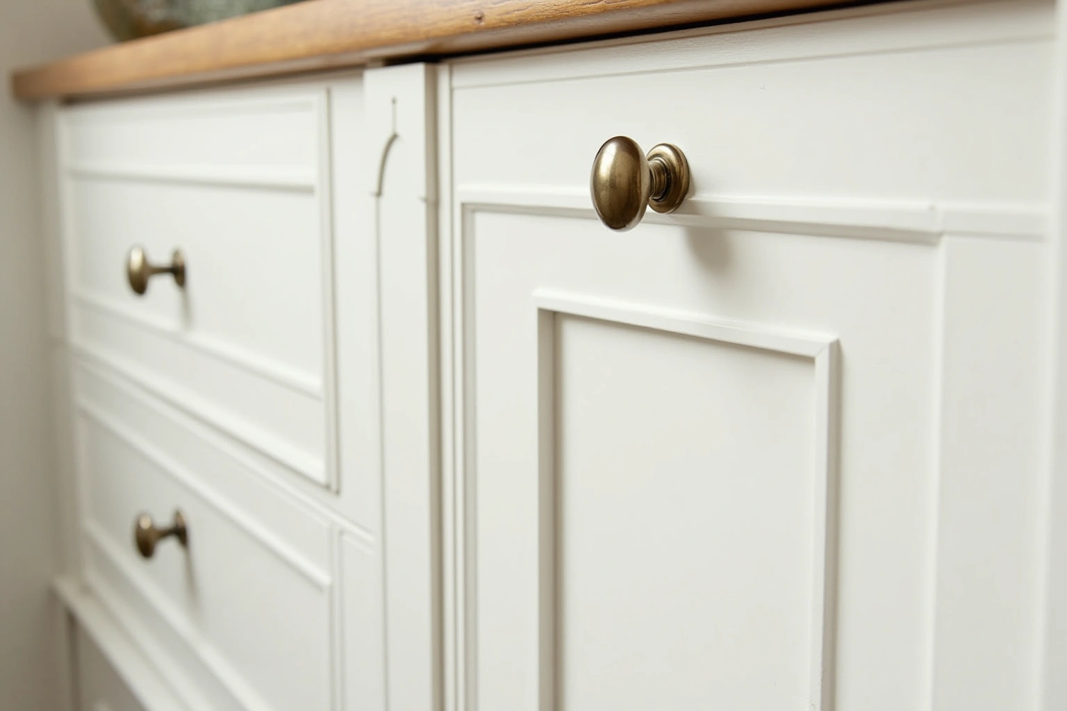 Close view of soft white inset drawers and a door set flush in the frame, with small brass knobs.