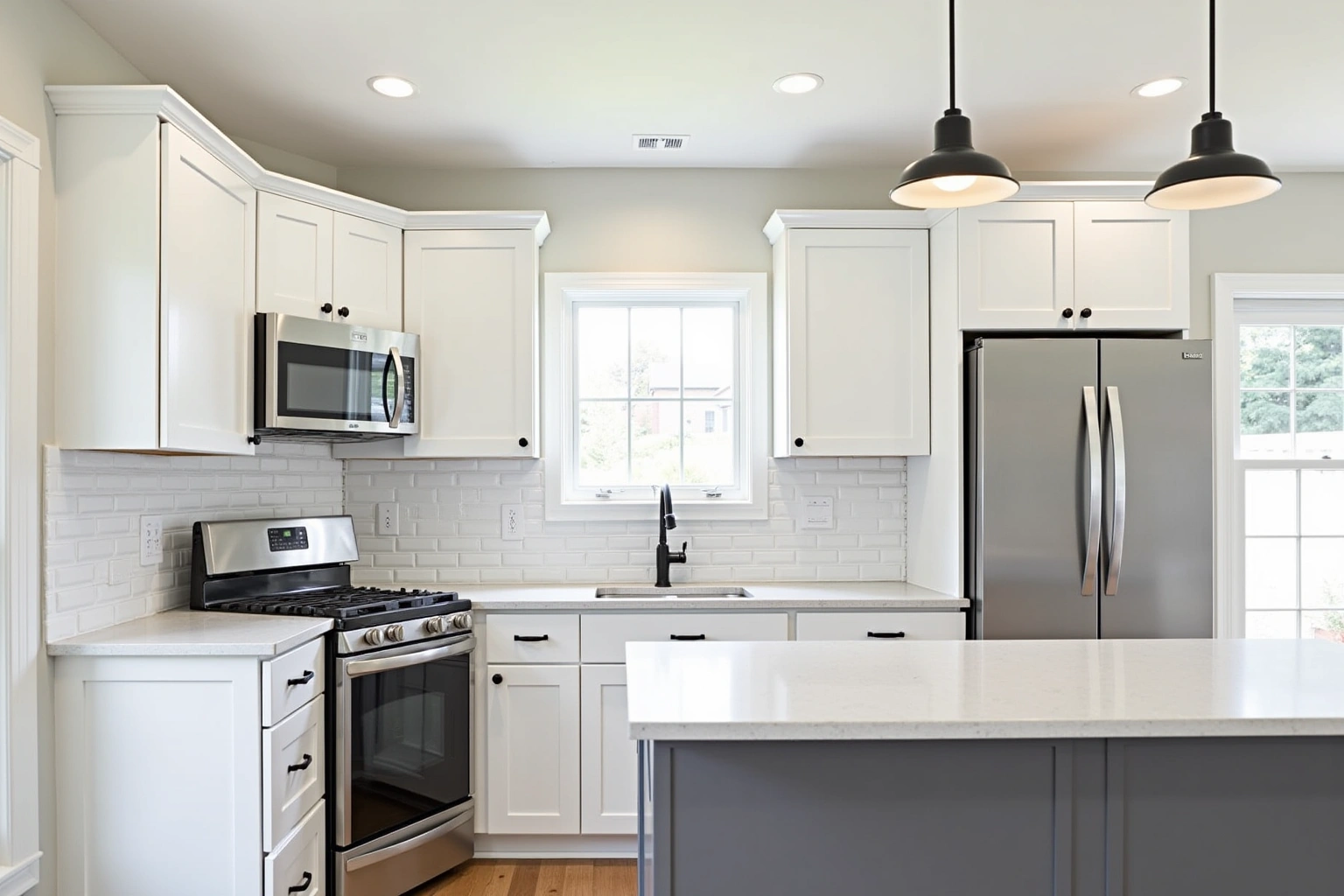 White shaker cabinets with matte black pulls, white subway tile, a gray island and two black pendants.