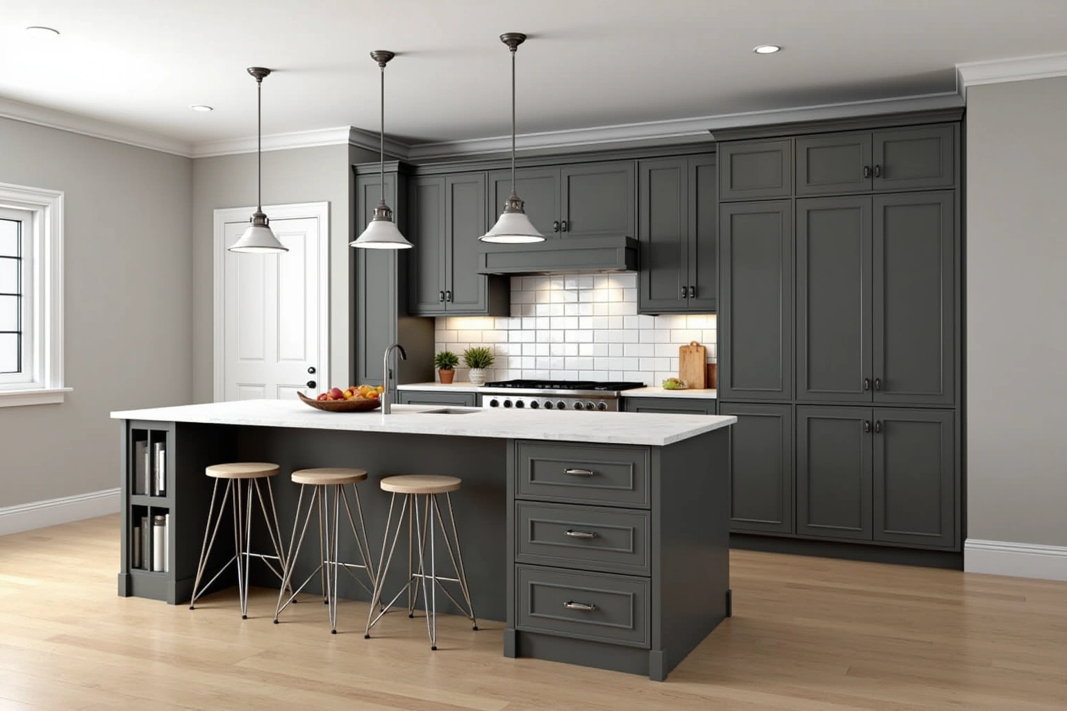 Charcoal kitchen island with a bank of drawers, an end bookcase, three wooden stools and a white quartz top.