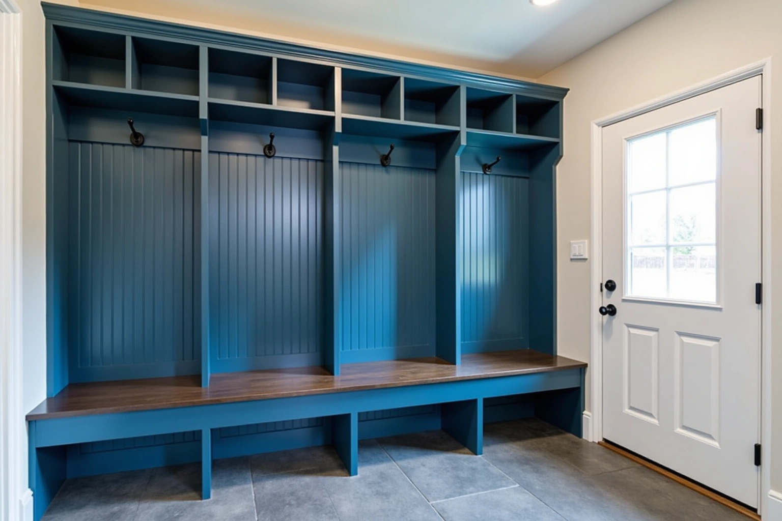 Four deep blue beadboard mudroom lockers with black hooks, cubbies above and a wood bench, gray tile floor.