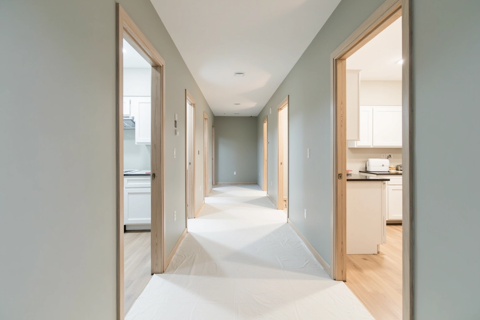 Corridor of a new apartment building with open unit doors showing matching white shaker kitchens, floors papered.