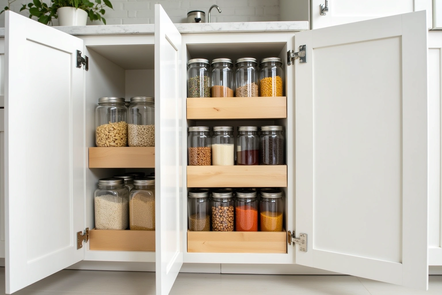 White cabinet with doors open showing wooden roll-out trays of unlabeled glass jars holding grains, pasta and spices.