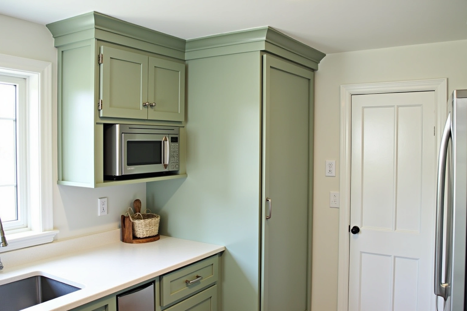 Sage green shaker cabinets with crown molding, a tall pantry cabinet, a microwave shelf and white quartz counter.
