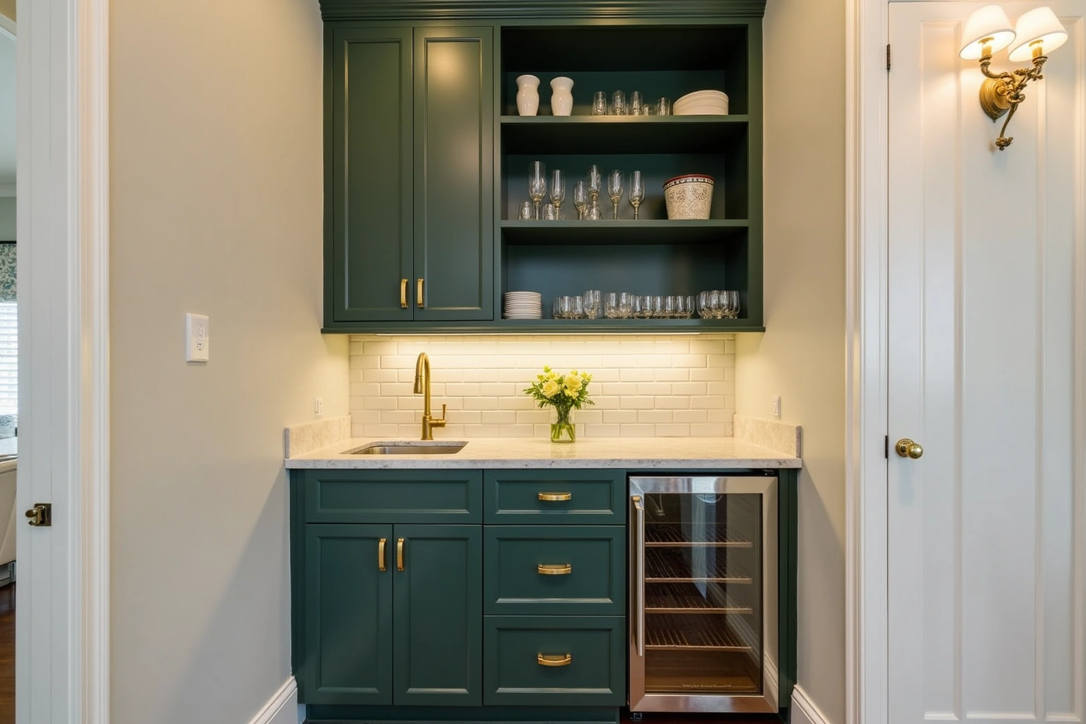 Dark green butler's pantry cabinets with brass pulls, open shelves of glassware, a small sink and an undercounter beverage fridge.