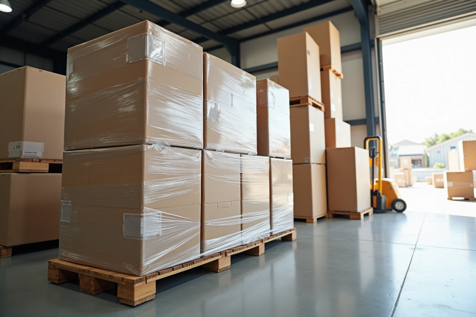 Shrink-wrapped cabinet cartons stacked on wooden pallets in a warehouse, a pallet jack and open loading door behind.
